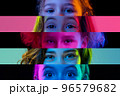 Collage of close-up kids eyes isolated on colored neon backgorund. Multicolored stripes. Concept of happiness, childhood, vision and facial expression 96579682