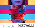 Collage of close-up male and female mouths and chins isolated on colored neon backgorund. Multicolored stripes. Emotions, facial expressions, dental health 96579688