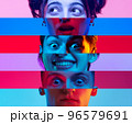 Wow, surprise and shock. Vertical composite image of male and female parts of faces isolated on colored neon background. Emotions, psychology, mental health. Three faces and six models 96579691