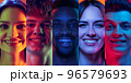 Happiness. Closeup portraits of young emotional people, men and women expressing different emotions over multicolored background in neon light. Collage made of 5 models looking at camera. 96579693
