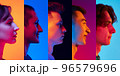 Profile view of young people, men and women expressing different emotions over multicolored background in neon light. Collage made of 5 models looking straight ahead 96579696