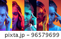 Cropped portraits of young women having headache isolated over multicolored background in neon light. Collage made of 5 models looking at camera. 96579699