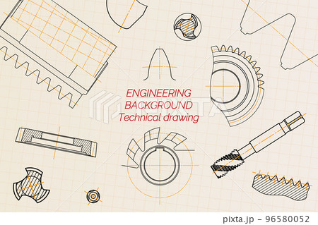 Mechanical engineering drawings on light background. Tap tools, borer, cutting tools, milling cutter. Technical Design. Cover. Blueprint. Vector illustration. Mechanical engineering drawings on light background. Tap tools, borer, cutting tools, milling cutter. Technical Design. Cover. Blueprint. Vector illustration. 96580052