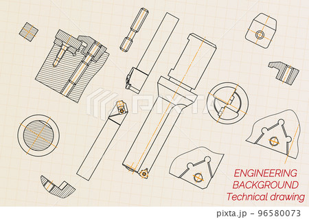 Mechanical engineering drawings on light background. Tap tools, borer, cutting tools, milling cutter. Technical Design. Cover. Blueprint. Vector illustration. 96580073