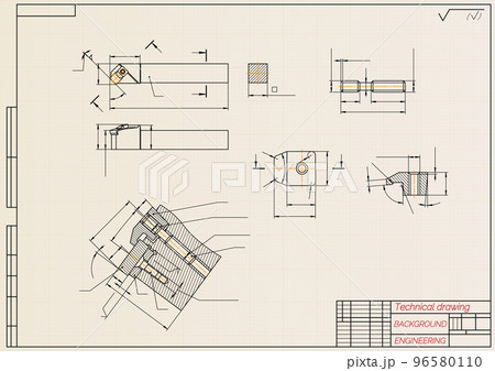 Mechanical engineering drawings on light background. Cutter, assembly tool with replaceable multi-faceted plate. Technical Design. Cover. Blueprint. Vector illustration. Mechanical engineering drawings on light background. Cutter, assembly tool with replaceable multi-faceted plate. Technical Design. Cover. Blueprint. Vector illustration. 96580110