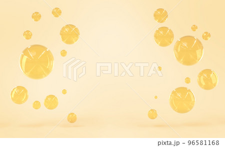 Gold bubbles of oil, serum or yellow water drops on beige background 3d render. Abstract geometric spheres or balls, clear liquid texture with empty place for display cosmetic product 96581168