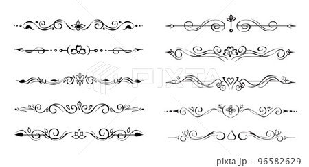 Set of ornate text delimiters, dividers, page bottom decorative borders, vignettes. Hand-drawn romantic elements Set of ornate text delimiters, dividers, page bottom decorative borders, vignettes. Hand-drawn romantic elements 96582629