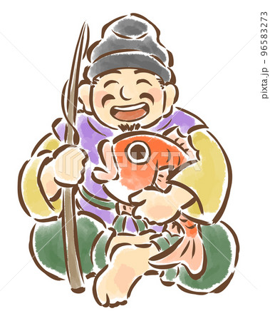 鯛と釣竿を持って胡坐をかく恵比寿天のイラスト 鯛と釣竿を持って胡坐をかく恵比寿天のイラスト 96583273