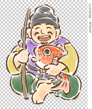 十惠比壽與鯛魚和魚竿盤腿坐著的插圖 96583273
