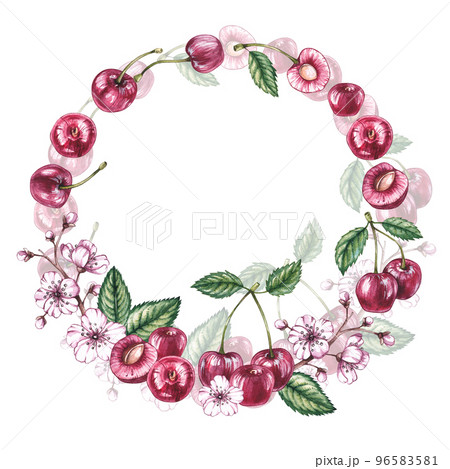 Watercolor cherry frame on a white background 96583581