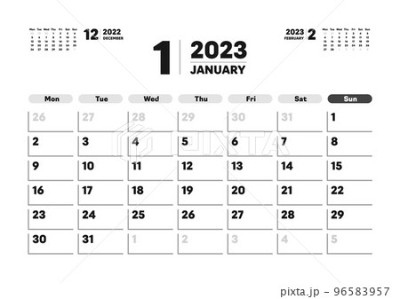 2023年1月のカレンダー - 月曜始まりの月めくりカレンダー - 3ヶ月分・祝日表記なし・A版比率のイラスト素材 [96583957] - PIXTA