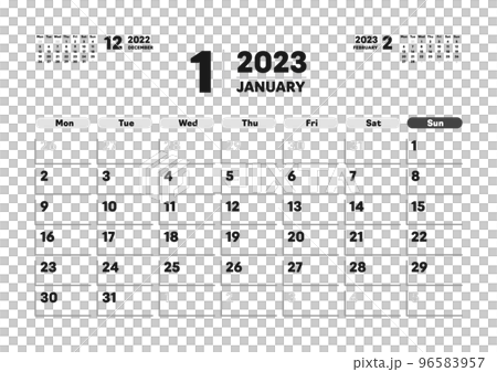 Calendar for January 2023 - Monthly calendar starting on Monday - 3 months, no holidays, A version ratio 96583957