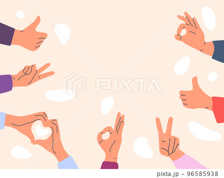 Human hands showing positive gestures, thumbs up and okay signs. Hands with complimenting gestures, approval feedback cartoon vector background illustration. Positive hand signs 96585938