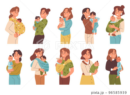 Mother carrying newborn baby, moms and kids in sling. Female parents with baby toddlers in slings vector symbols illustration set. Happy motherhood collection 96585939
