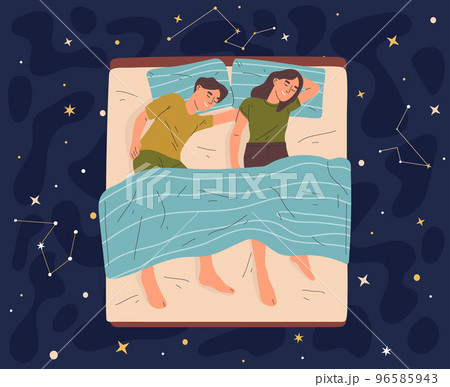Sleeping characters in bed, lying asleep couple in night sky. Young family or couple night time resting vector illustration. Healthy sleep concept 96585943
