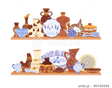 Ceramic crockery, hand drawn tableware, shelf with kitchen pottery. Doodle modern decorative pottery, handmade clay ceramic crockery vector symbols illustration. Vases and dishes on shelf 96586088