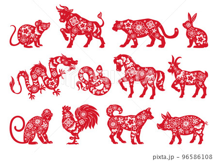 Chinese horoscope lunar New Year oriental animals silhouettes. Zodiac astrological calendar tiger, rabbit, bull and snake signs vector symbols illustrations set. Traditional horoscope icons collection 96586108