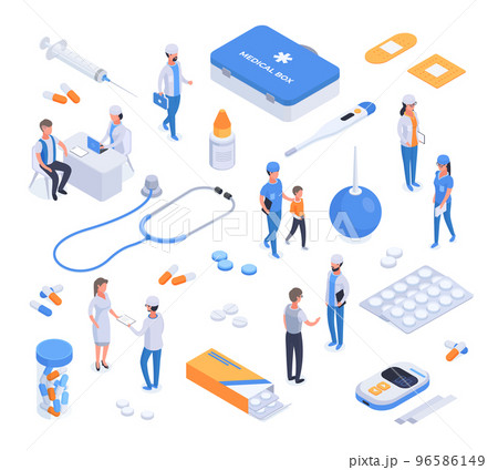 Isometric medical elements and health care workers, hospital doctor characters. Medical staff, patients and health supplies vector illustration set. Health care medical collection 96586149