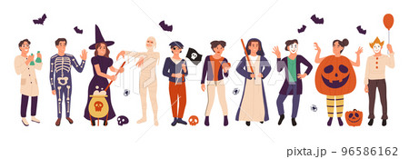 Halloween holiday party, people in carnival costumes, autumn holiday event. Spooky witch, mummy and clown characters vector symbols illustration set. Creepy Halloween party outfits Halloween holiday party, people in carnival costumes, autumn holiday event. Spooky witch, mummy and clown characters vector symbols illustration set. Creepy Halloween party outfits 96586162