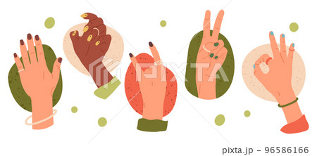 Female hands with manicured fingernails, nail care beauty routine. Cartoon woman beautiful hands with various gestures vector illustration set. Manicure salon concept 96586166
