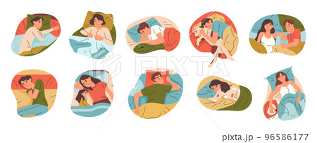 Sleeping humans, cartoon people in beds, resting, bedtime scenes. Couples, families and alone males and females sleeping in beds vector illustration set. Asleep characters collection 96586177