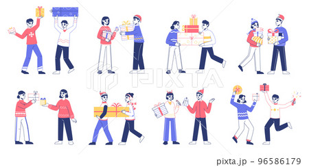People with Christmas gifts, characters give presents and celebrating. Winter holidays gifts, family and friends give and receive presents vector illustration set. Happy people with gifts 96586179