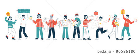 Celebrating people carrying Christmas gifts and presents boxes. Winter holidays celebrating preparation, presents for family and friends vector illustration set. Happy people with gift boxes Celebrating people carrying Christmas gifts and presents boxes. Winter holidays celebrating preparation, presents for family and friends vector illustration set. Happy people with gift boxes 96586180