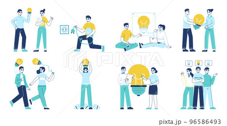 People searching good ideas, creative business solutions concept. Light bulbs brilliant ideas metaphor vector symbols illustration set. Great idea generating 96586493