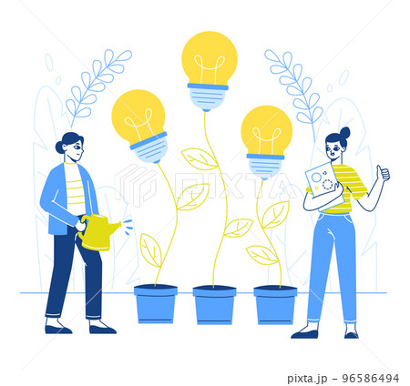 Creative idea generating, people grow and cultivate light bulb ideas plants. Characters plant good ideas vector symbols illustration. Brilliant ideas cultivating 96586494