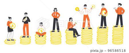 People standing on money stacks, salary, economic inequality concept. Financial well-being, salary gap, poor and rich people vector symbols illustration. Revenue inequality 96586518