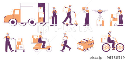 Delivery service workers, courier, postman carrying package. Cargo shipping, couriers characters on truck or bike vector symbols illustrations set. Outline delivery workers 96586519
