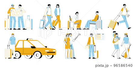 Travelling outline people, vacation or business tourists with luggage. Tourist characters sightseeing, walk with suitcases and taking picture flat vector illustrations set. Travellers collection Travelling outline people, vacation or business tourists with luggage. Tourist characters sightseeing, walk with suitcases and taking picture flat vector illustrations set. Travellers collection 96586540