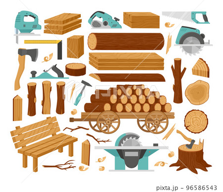 Cartoon wood industry products, timber materials, woodwork planks. Stacked wooden trunks, sticks branches and woodworking tools vector illustration set. Wooden production bundle 96586543