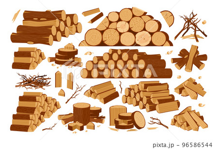 Cartoon wooden logs, firewood piles and stacked bonfire firewoods. Wood industry materials, lumber branch and twigs vector symbols illustration set. Wooden bonfire logs Cartoon wooden logs, firewood piles and stacked bonfire firewoods. Wood industry materials, lumber branch and twigs vector symbols illustration set. Wooden bonfire logs 96586544