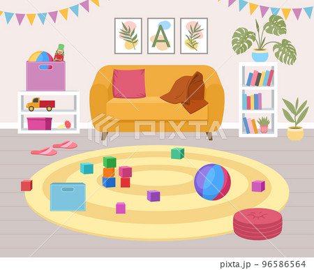 Cartoon children play nursery room, kindergarten interior. Kids playroom with cozy carpet, baby leisure rug room vector illustration. Children playroom furnishing Cartoon children play nursery room, kindergarten interior. Kids playroom with cozy carpet, baby leisure rug room vector illustration. Children playroom furnishing 96586564