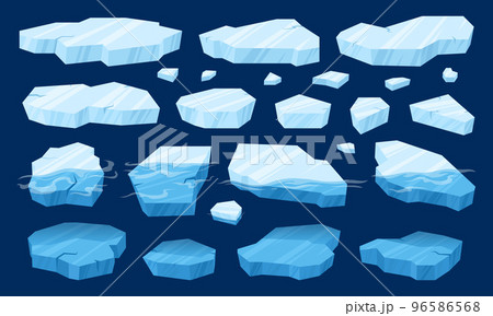 Cartoon floating ice, frozen arctic blocks of ice. Glaciers and icebergs pieces, blue ice crystals floating in water vector symbols illustration set. Antarctic ice melt 96586568