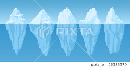 Cartoon icebergs, frozen arctic glaciers, snow floating bogs. Winter seascape iceberg, arctic blocks of ice, north pole glacier snow mountains vector illustration set. Icebergs collection 96586570