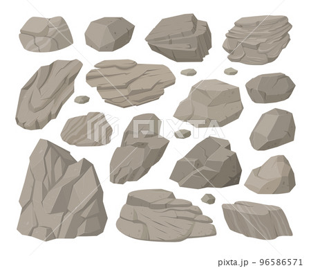 Rock stones, cartoon rocks pebble pile and gray stones. Granite stones heap, gravel and mountain rocks pieces vector symbols illustration set. Natural texture granite stones collection Rock stones, cartoon rocks pebble pile and gray stones. Granite stones heap, gravel and mountain rocks pieces vector symbols illustration set. Natural texture granite stones collection 96586571
