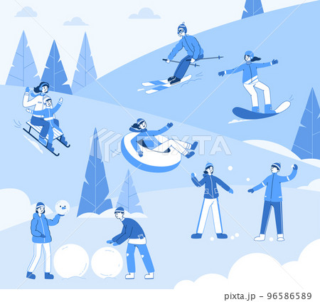 Winter xmas holidays sport activity, people snow outdoor recreation. Sporty people snowboarding and skiing, winter outdoor activity vector illustration. Snow activities background Winter xmas holidays sport activity, people snow outdoor recreation. Sporty people snowboarding and skiing, winter outdoor activity vector illustration. Snow activities background 96586589