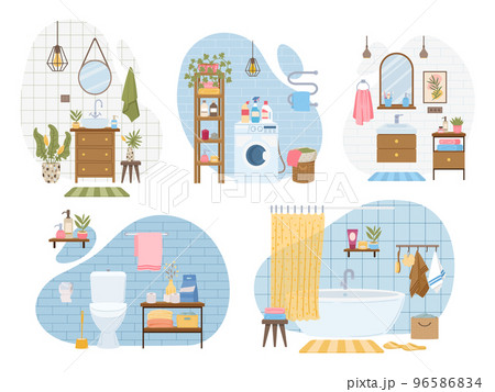 Cartoon bathroom and washroom interiors, modern bathroom with bathtub and toilet. Cosy bathroom, shower, wash basin and plants vector illustrations set. Scandinavian bathroom scenes 96586834