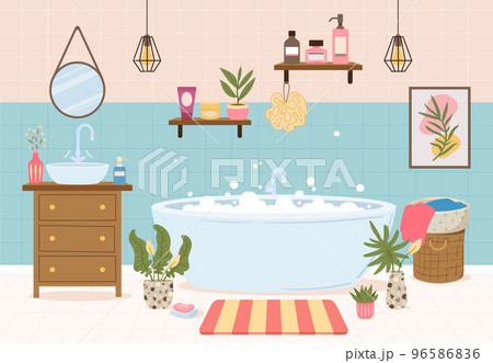 Cartoon modern bathroom interior with furniture, bath tub and potted plants. Washroom cozy interior, foamy bathtub, wash basin and towels vector illustration. Minimalist bathroom interior 96586836
