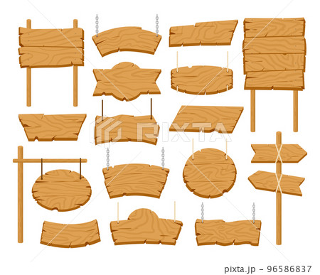 Cartoon wooden signboards, vintage banners and ribbon planks. Retro wooden arrow pointers, rustic signs and pathfinding billboards vector illustrations set. Wood signs collection 96586837