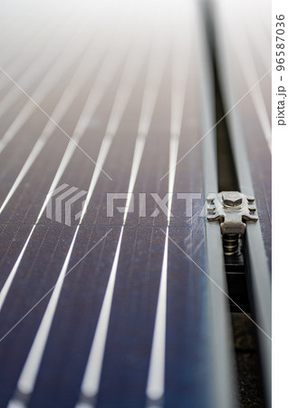 Side support bracked between solar panels on a new installation on a residential roof Side support bracked between solar panels on a new installation on a residential roof 96587036