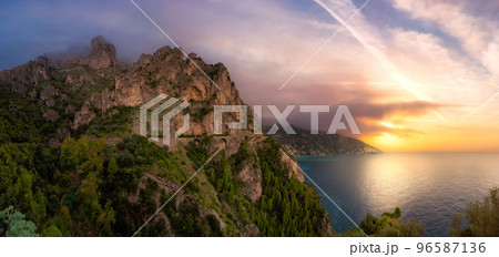 Rocky Cliffs and Mountain Landscape by the Tyrrhenian Sea. Amalfi Coast, Italy. Nature Background 96587136