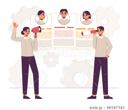 Recruitment, job seekers characters, we are hiring outline concept. Job searching, HR managers checking new vacancy candidates profiles flat vector illustration. Hiring process 96587582