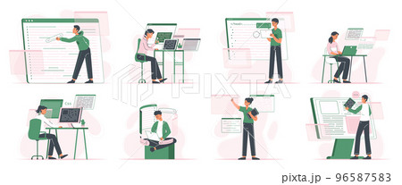 Programmers software engineers and developers coding and testing project. Script coding, python and javascript programming developers flat vector illustration set. Software developers 96587583
