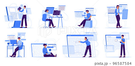 Software developers, programmers and IT engineers characters. Coding, testing and it development, programmers work with computers flat vector illustration set. Programmer development 96587584
