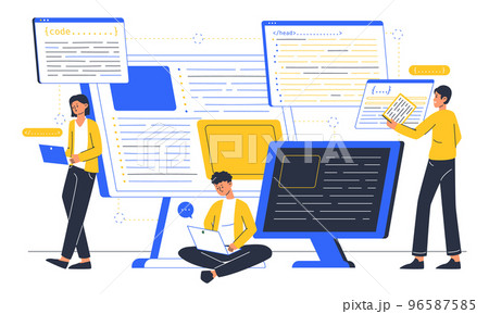 Programming engineers, software developers and web designers concept. Script coding, web development flat vector illustration. Software engineers Programming engineers, software developers and web designers concept. Script coding, web development flat vector illustration. Software engineers 96587585
