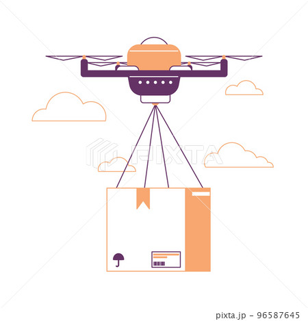 Flying delivery drone, quadcopter cargo transportation courier. Flat drone delivery service, smart delivery transporting vector illustration. Express drone shipment concept Flying delivery drone, quadcopter cargo transportation courier. Flat drone delivery service, smart delivery transporting vector illustration. Express drone shipment concept 96587645