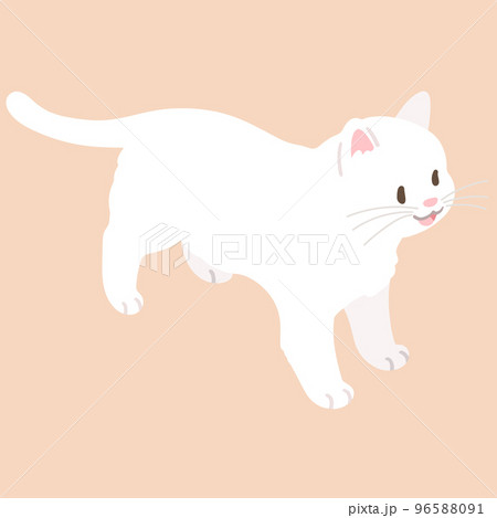 上から見た笑顔で鳴くシンプルで可愛い白猫のイラスト 主線なしの